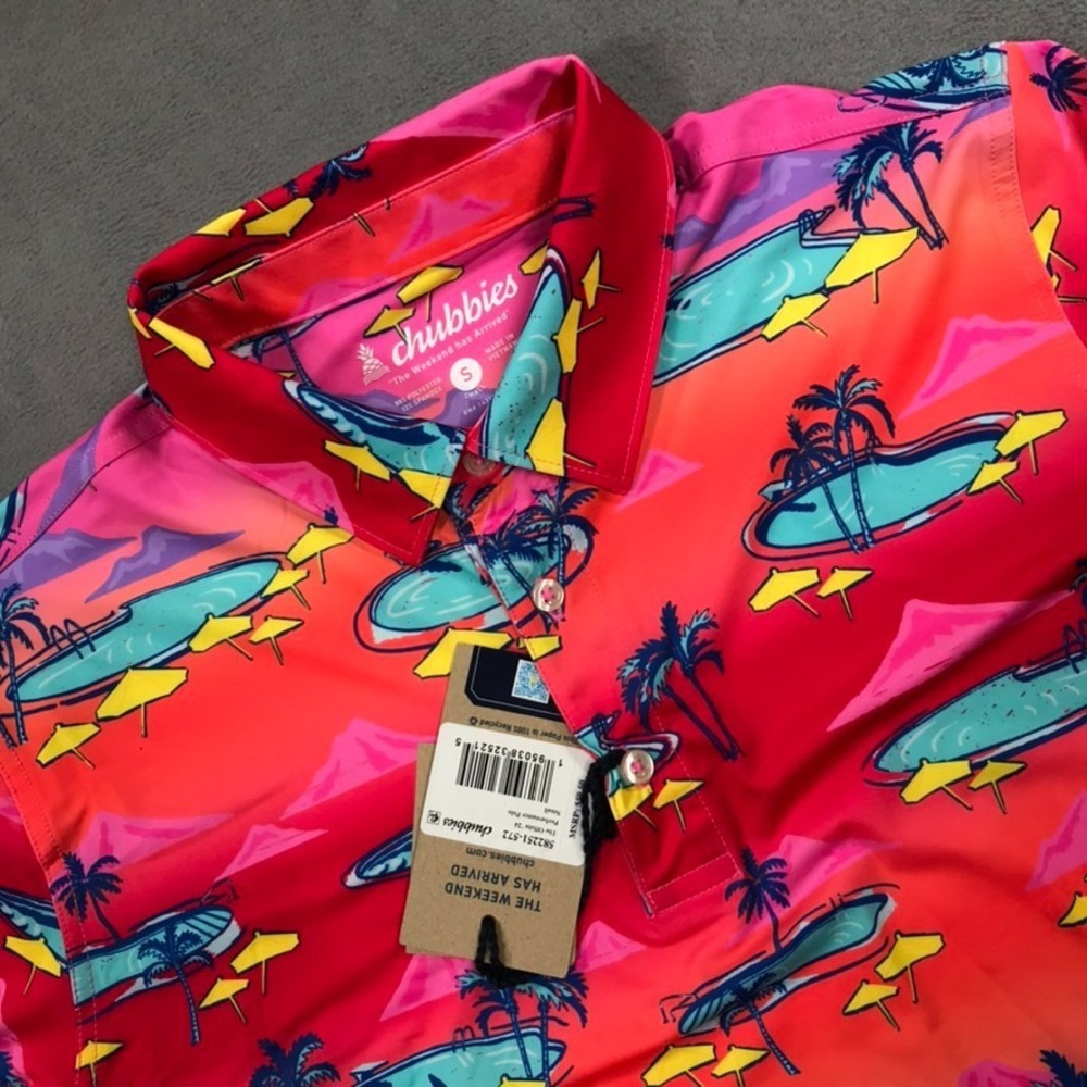 Chubbies Men S Polo Shirt Stretch Golf Performance Palm Trees Pool Pink NEW